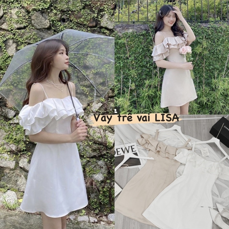 Váy viền bèo trễ vai đi biển, event, đi tiệc, Đầm trắng thiết kế