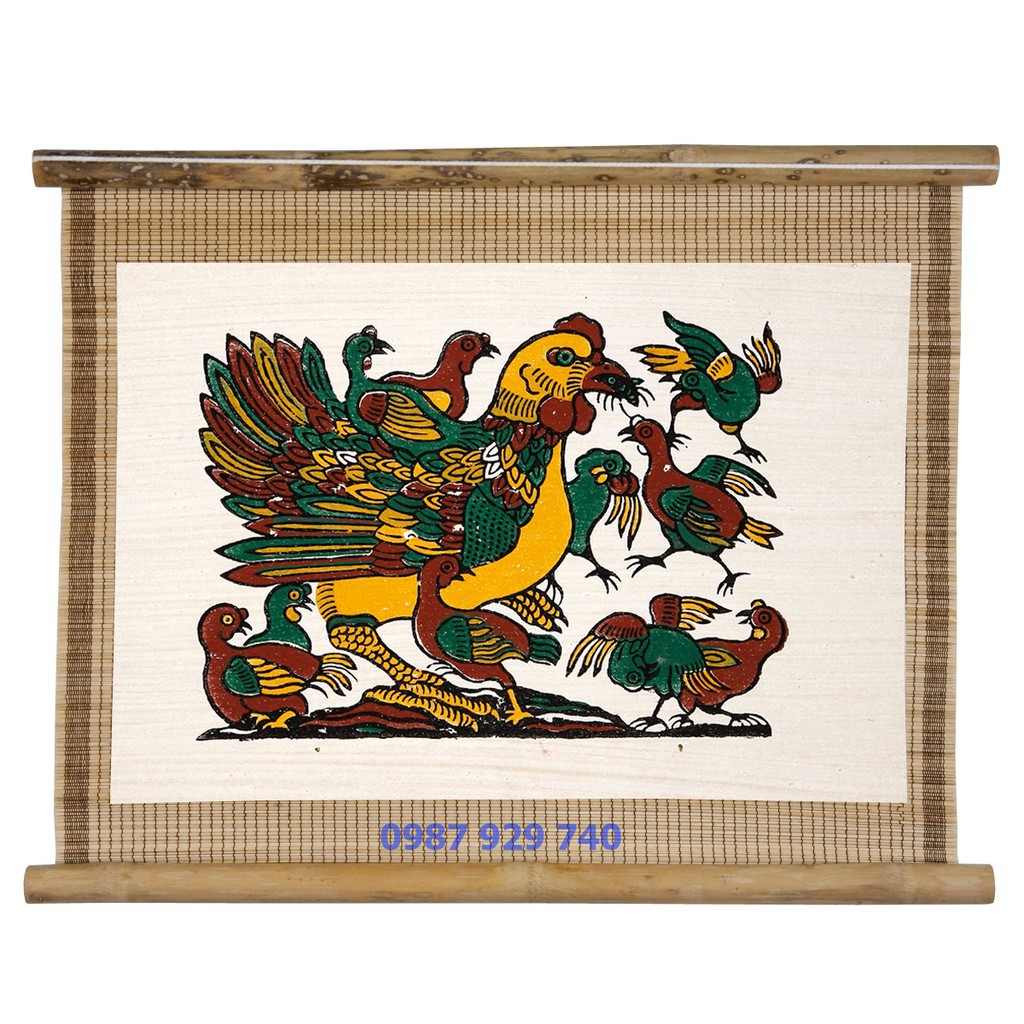 [Tranh Đông Hồ] - Bừc Đàn Gà Mẹ Con - không khung tranh - Dong Ho folk paintings - Viet Nam national cultural heritage