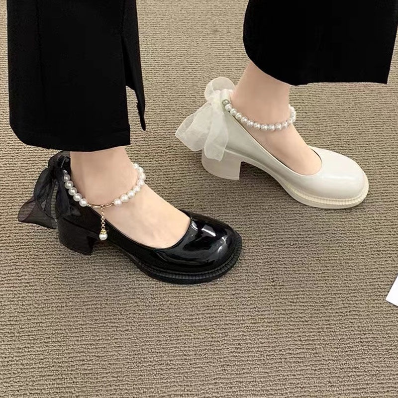 Giày Cao Gót Da Đế Dày Trẻ Trung Phong Cách Hàn Quốc