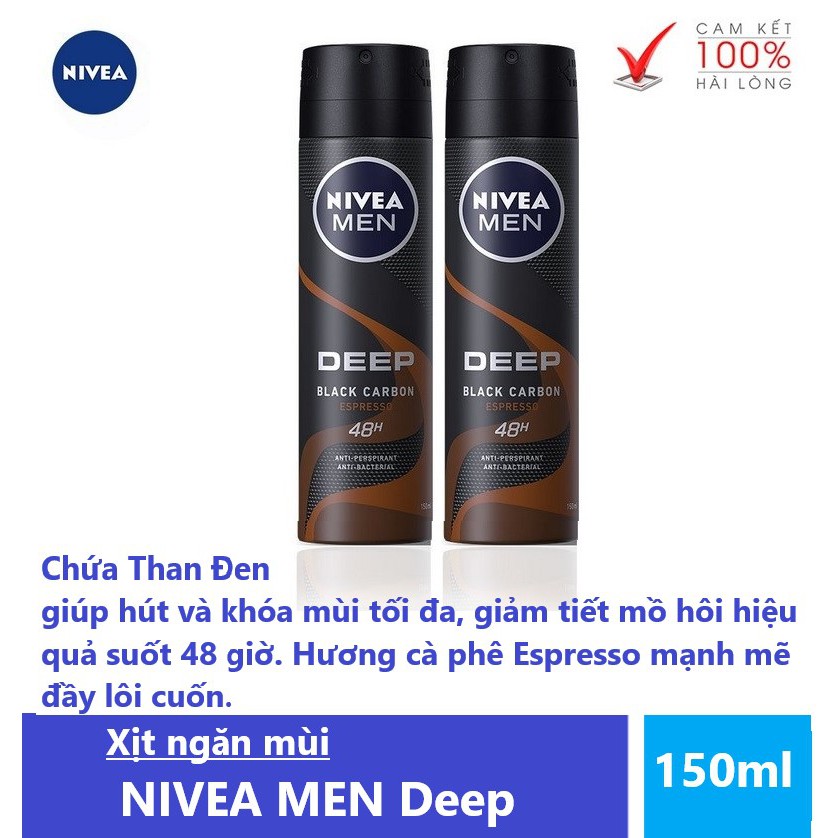 Xịt ngăn mùi NIVEA MEN Deep - Than đen hoạt tính hương Espresso (Chai 150ml)