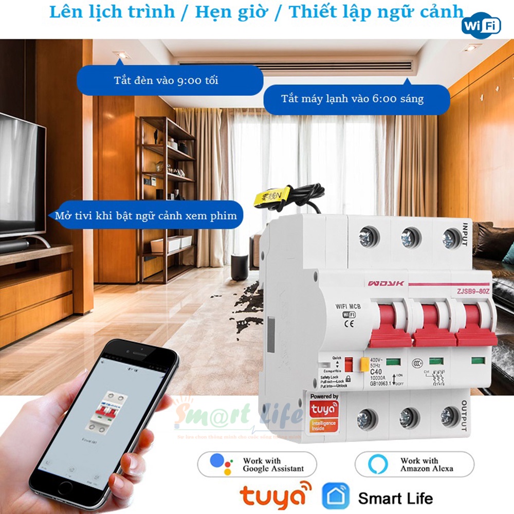 Aptomat cầu dao tổng CB thông minh wifi qua App Smart life Tuya, Công suất 80A - 1P, 2P, 3P Điều khiển giọng nói