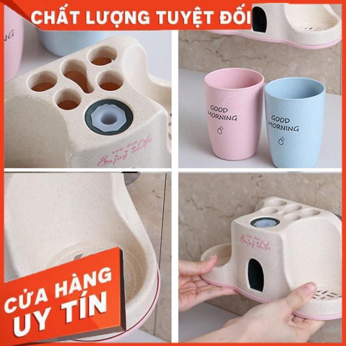 BỘ KHAY NHẢ KEM ĐÁNH RĂNG TỰ ĐỘNG - KỆ ĐỂ ĐỒ PHÒNG TẮM CAO CẤP KÈM 2 CỐC LÚA MẠCH