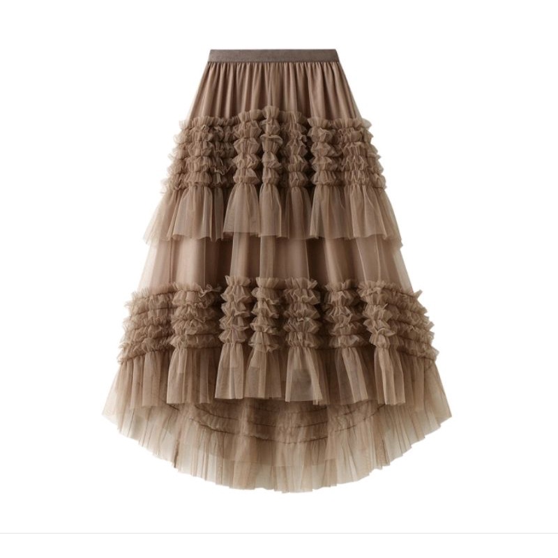 Chân váy phối lưới nhiều tầng 2 lớp màu nâu kaki