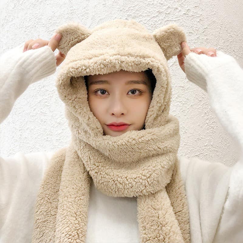 Mũ lông cừu tai gấu kèm khăn quàng cổ và găng tay ấm áp ulzzang Hàn Quốc