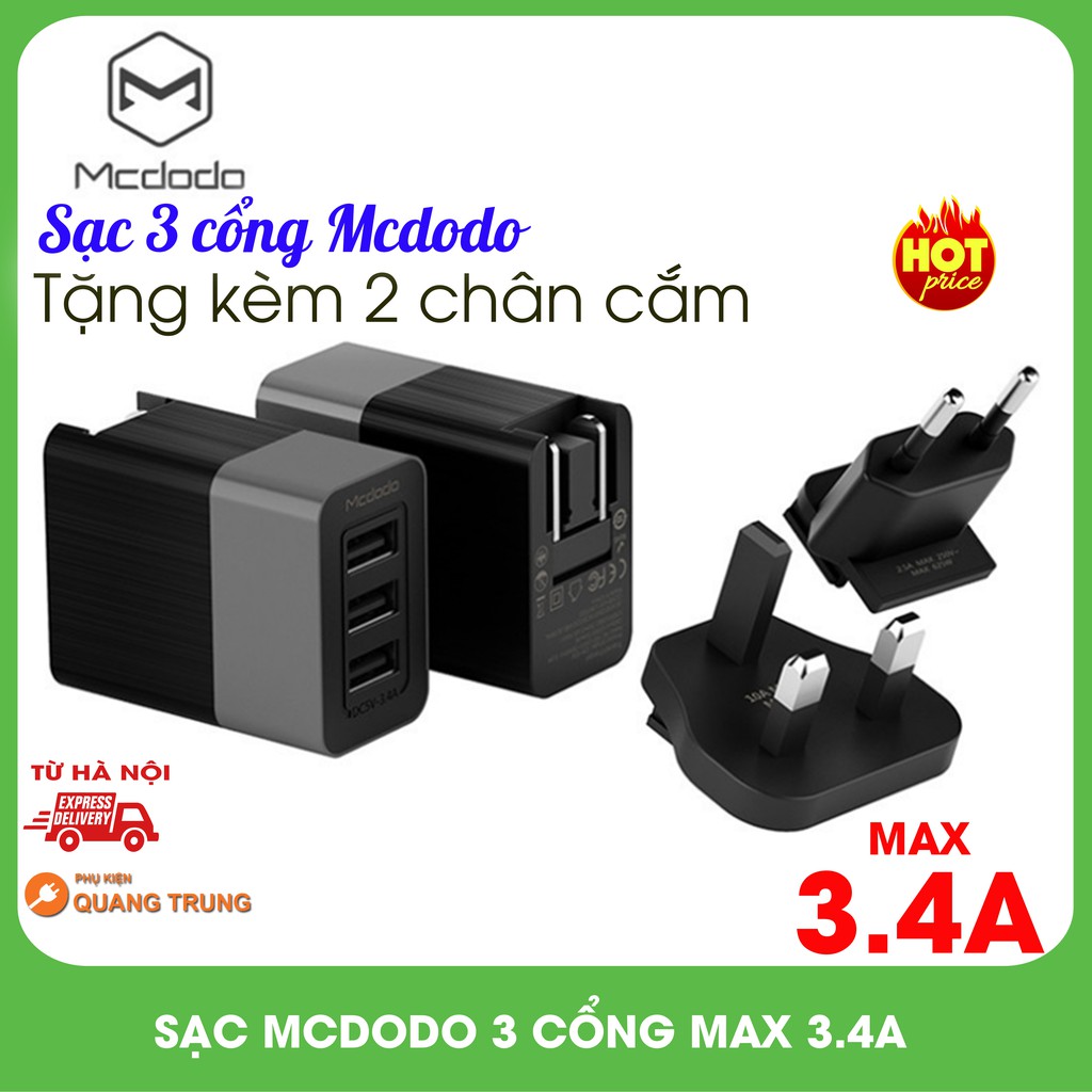 Cốc sạc 3 cổng mcdodo,max 3.4A,sạc 3 thiết bị