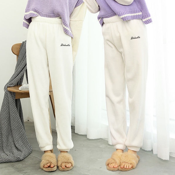 Quần ngủ dài bằng vải nỉ san hô dày dặn giữ ấm eo co giãn cỡ lớn thời trang thu đông hàng mới | BigBuy360 - bigbuy360.vn