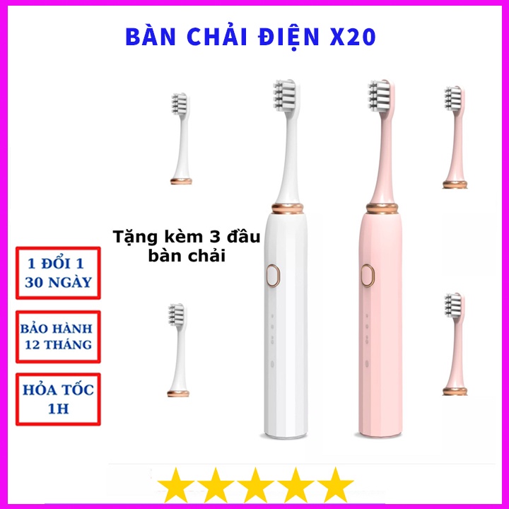 Bàn Chải Điện Sonic X20 Cao Cấp Tẩy Trắng Răng Tự Động Máy Đánh Răng Lông Mềm Cho Bé - Tặng 2 Đầu Bàn Chải Điện