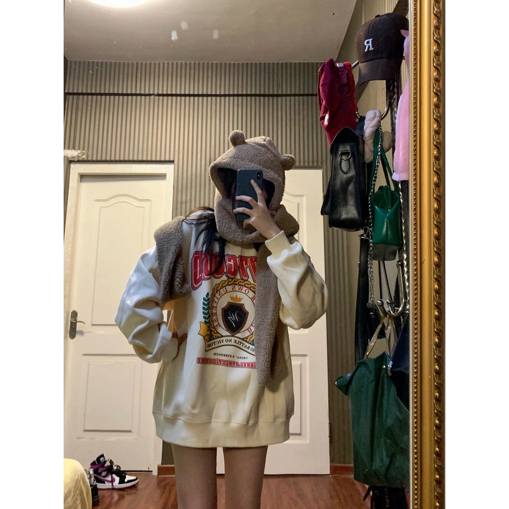 Áo Sweater Dáng Rộng In Họa Tiết Màu Vàng Sữa Phong Cách Hàn Quốc Dễ Phối Đồ