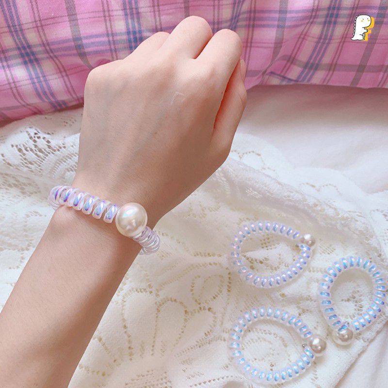 [Mã FAMARAL1 giảm 10K đơn 50K]Dây cột tóc lò xo Hologram đính hạt ngọc xinh xắn