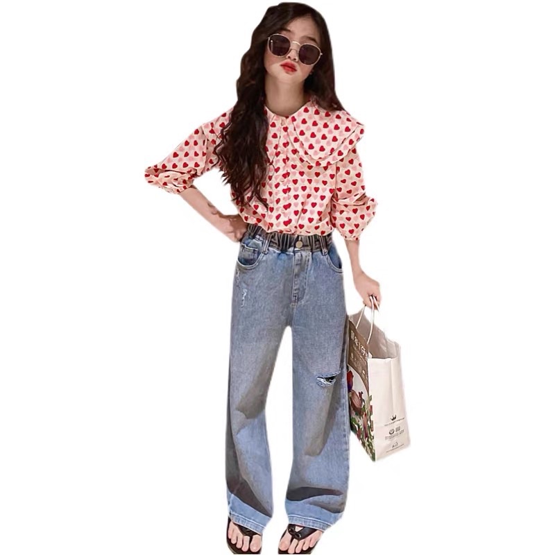 Áo sơ mi bé gái Áo kiểu bé gái cổ tròn hình trái tim size đại