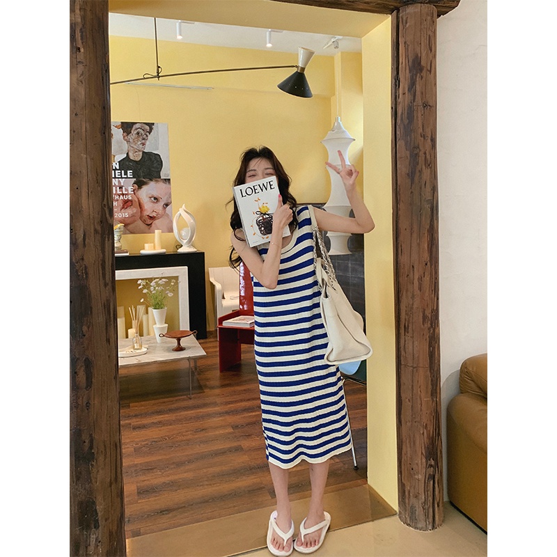 Đầm Dài Không Tay Họa Tiết Sọc Thời Trang Cho Nữ