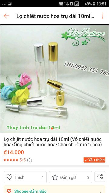 Lọ chiết nước hoa trụ tròn dài 10ml (Vỏ chiết nước hoa/ Chai chiết nước hoa)