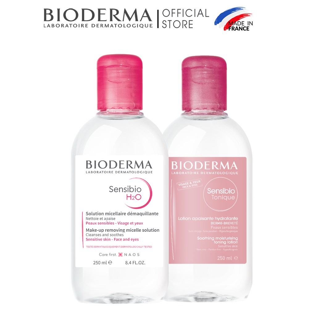 Bộ nước tẩy trang công nghệ Micellar cho da nhạy cảm Bioderma Sensibio H2O 250ml và Dung dịch cân bằng, dưỡng ẩm 250ml