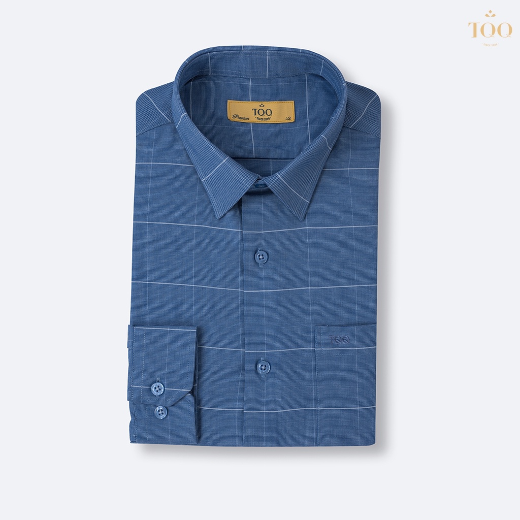 Áo sơ mi nam dài tay TQQ dáng Slim fit công sở ôm nhẹ K143CS-CSB xanh biển kẻ trắng nhã nhặn lịch sự