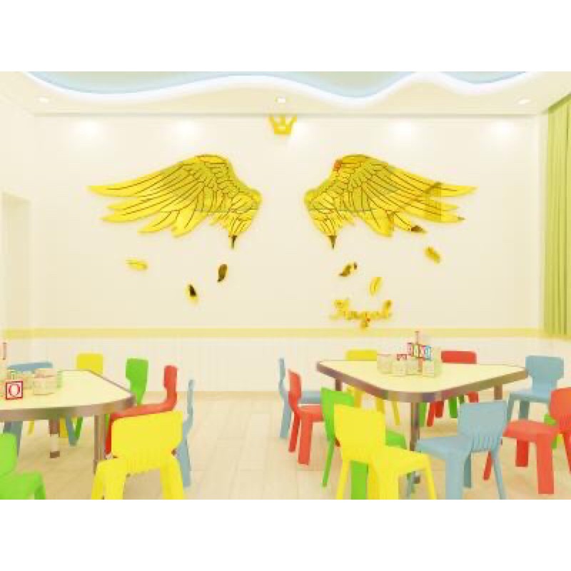Tranh dán tường mica dán nổi cánh tiên gold angel trang trí phòng tập gym, yoga, quán cafe