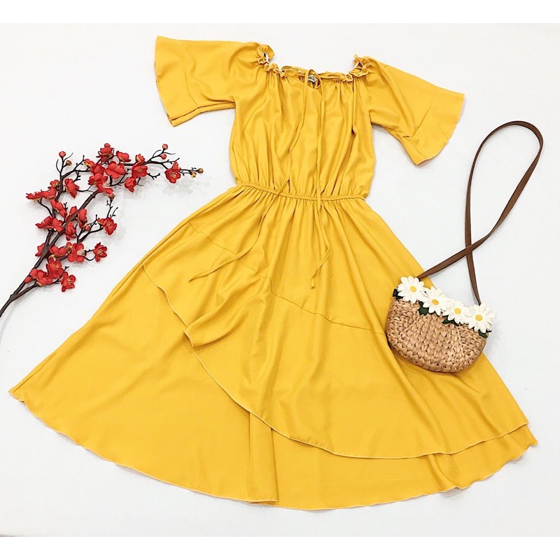 [Mã FAGREEN1505 giảm 10% tối đa 30K đơn 99K] Đầm vàng trễ vai bèo lai (kèm hình thật) | BigBuy360 - bigbuy360.vn