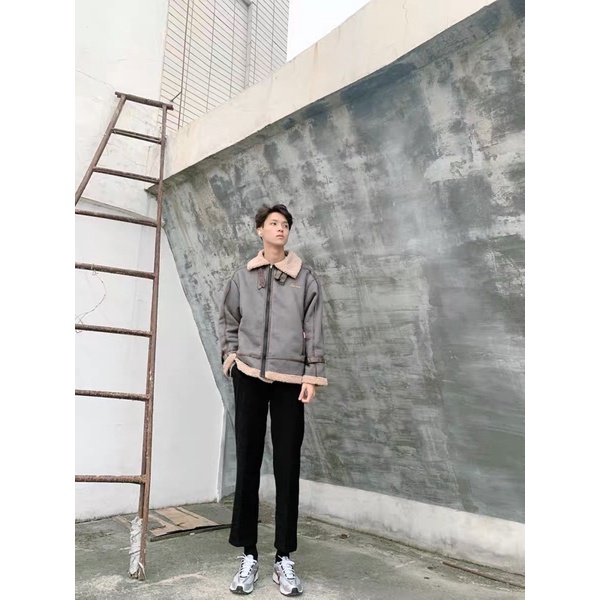 (HÀNG CÓ SẴN)-Áo khoác jacket da lộn lót lông cừu unisex