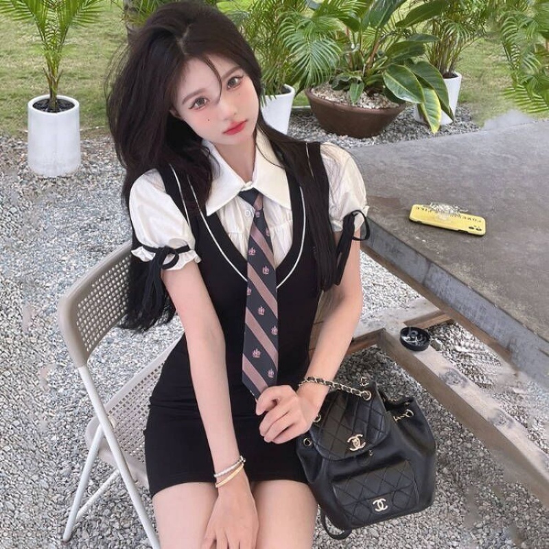 Bộ Đồng Phục Giả Hai Mảnh Gồm Áo Tay Phồng Và Túi Phồng Phong Cách Preppy Ngọt Ngào Cho Nữ