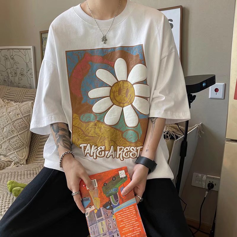 Áo Thun Nam Dáng Rộng In Họa Tiết Hoa Phong Cách Hàn Quốc Thời Trang