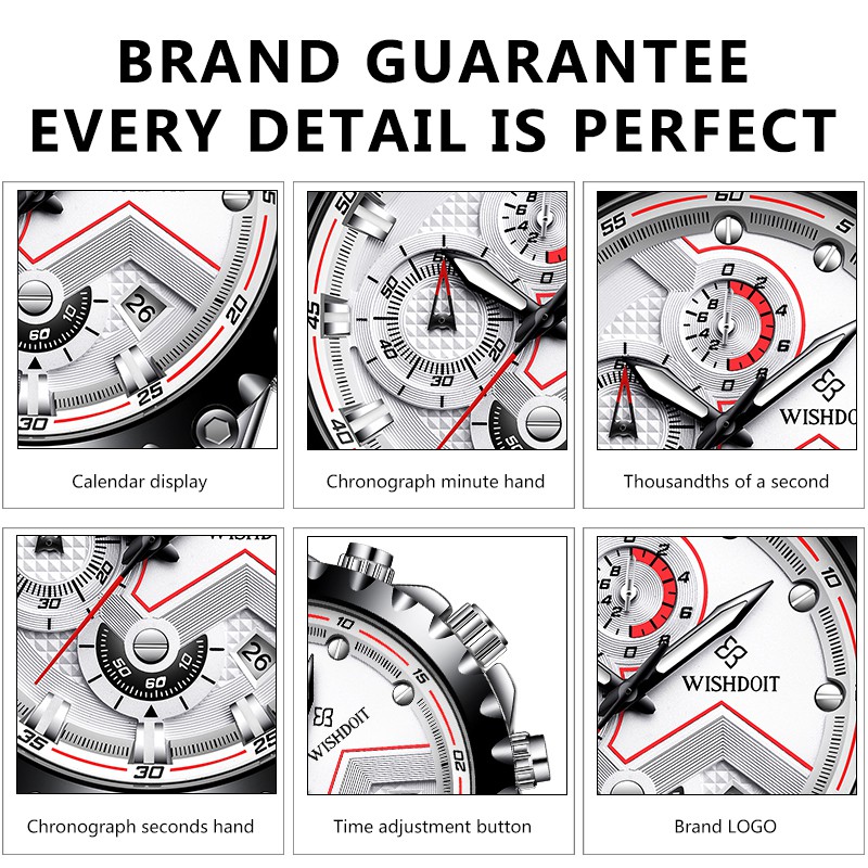 【Official product】WISHDOIT True Three Eyes Chronograph Stainless steel watch strap Sports swimming diving watch Men's quartz watch Calendar Luminous Business casual watches