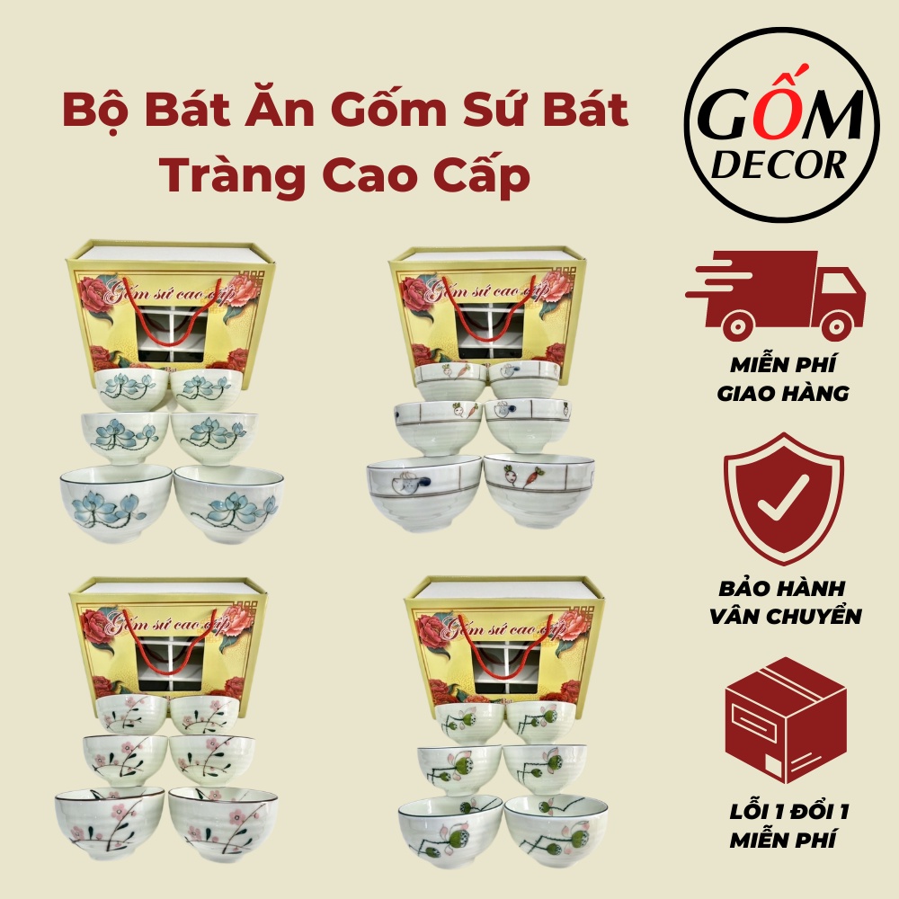 Bộ 10 Bát Ăn Gốm Sứ Bát Tràng Cao Cấp, Bát Ăn Hoặc Làm Quà Biếu Tết Sang Trọng, Lịch Sự