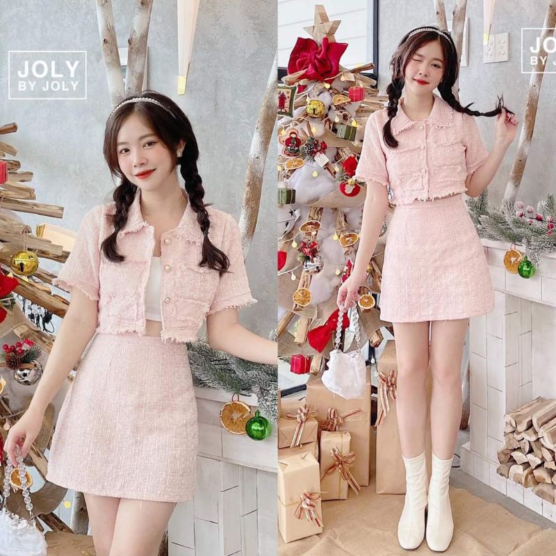 Set dạ tweed xanh dương, hồng, nude cúc ngọc sang chảnh
