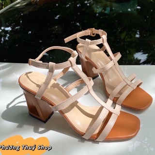 Sandal dây, gót vuông khoét lỗ, gót 7p, 2 màu Đen, Da