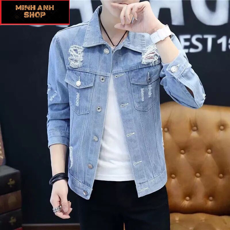 Áo Khoác Jean Nam Rách Cao Cấp Phong Cách Hàn Quốc MINHANHSHOP, Áo Khoác Bò Nam