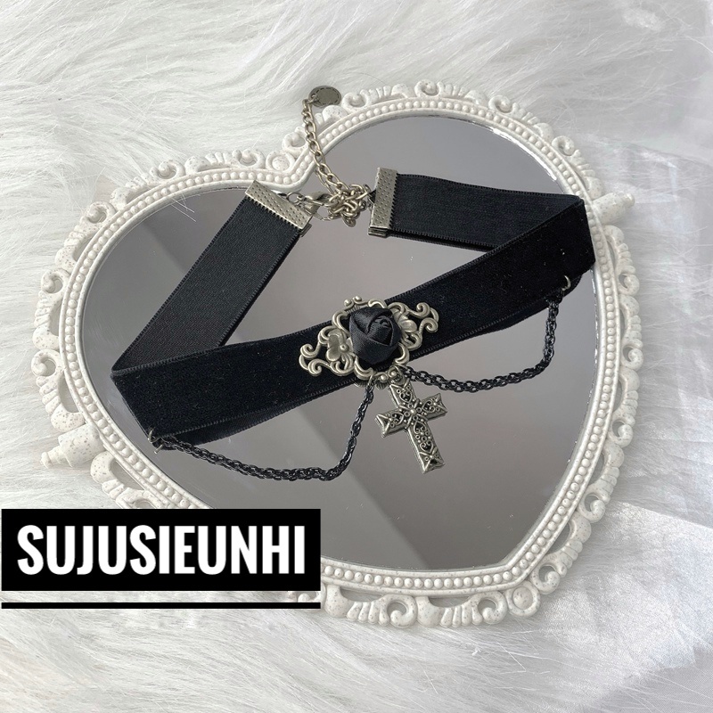 Vòng cổ choker hoa hồng vải nhung mặt chữ thập kèm chain phong cách gothic
