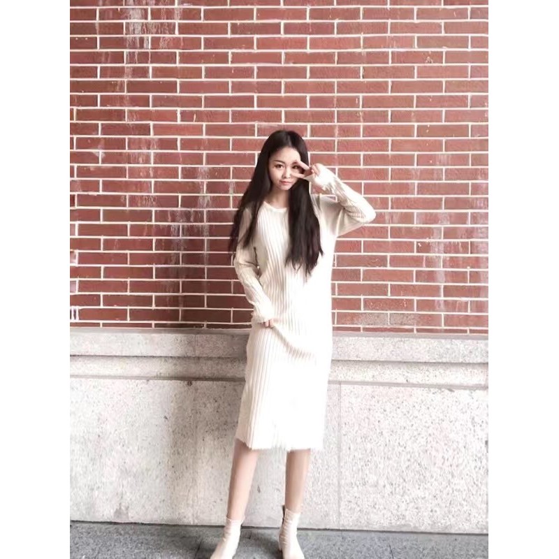 Váy len ulzzang cổ tròn kèm ảnh thật khách mặc