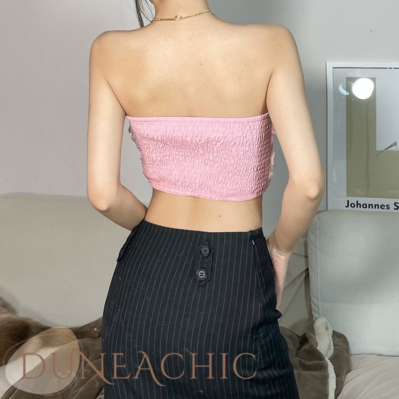 DUNEA Áo Ống Hở Lưng Họa Tiết Hoa Ngọt Ngào Cho Nữ