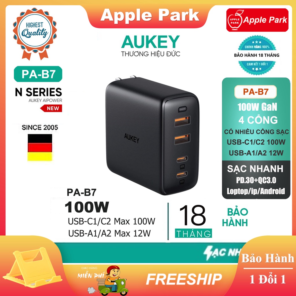 Cốc Sạc Nhanh GaN AUKEY PA-B6S 90W PA-B7 100W,Cho Mac Loptop 14 Pro Max 13 Pro 12 11 Pro 8P Samsung vv