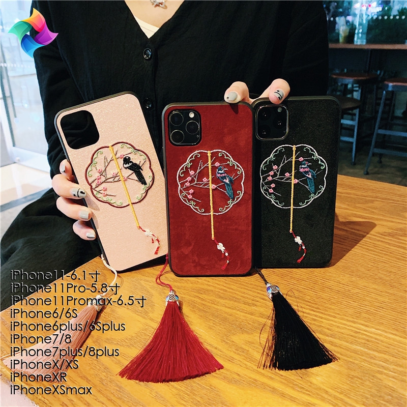 Ốp Điện Thoại Cứng Thêu Họa Tiết Phong Cách Trung Hoa Kèm Dây Tua Rua Cho iPhone11 XSmaxXR 7/8plus-Y43860-1