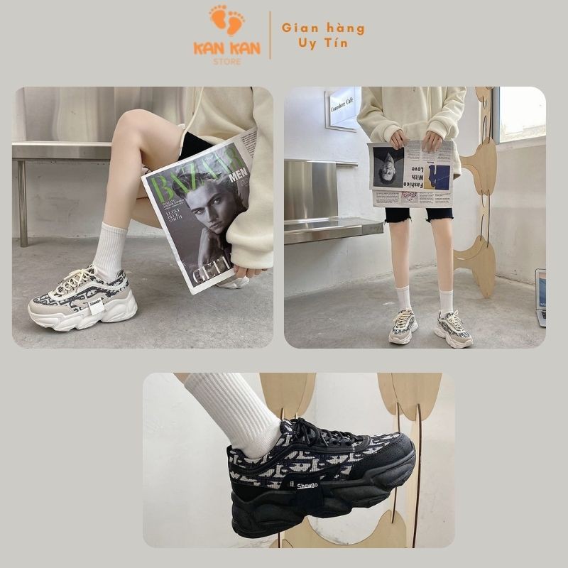 Giày Nữ Sneaker Thể Thao Trắng Đen Độn Đế Cao 5Phân KA051 KanKanStore