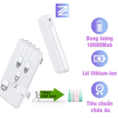 Sạc dự phòng 10000mah mini có dây lõi Lithium chính hãng ZUZG J03