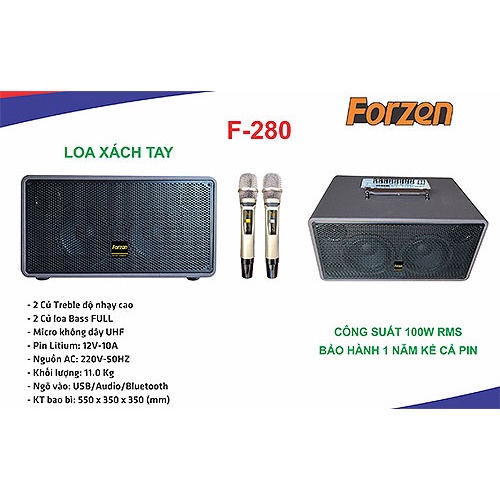 Loa xách tay Forzen F280, Loa karaoke di động nhỏ gọn, công suất 480W, Kèm 2 micro không dây cao cấp, Chính hãng