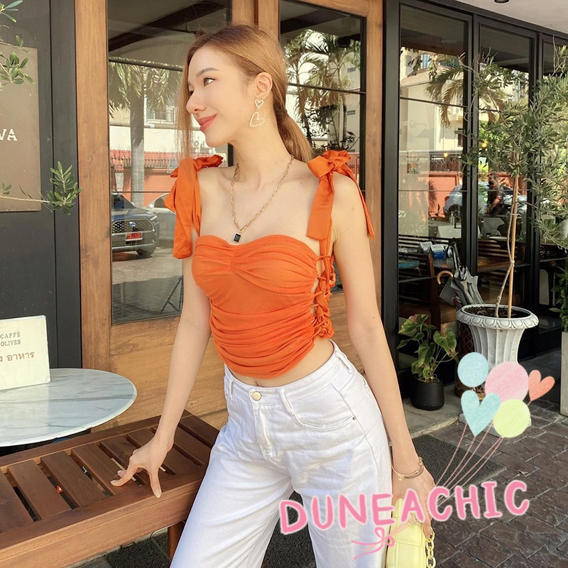 DUNEA Áo Hai Dây Croptop Phối Lưới Xếp Ly Xinh Xắn Cho Nữ