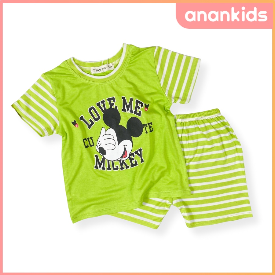 Bộ Thun Lạnh Cộc Tay Cho Bé Trai Bé Gái 8-19kg -TN-IN79 Kẻ Sọc In Hoạt Hình Chất Vải Thoáng Mát