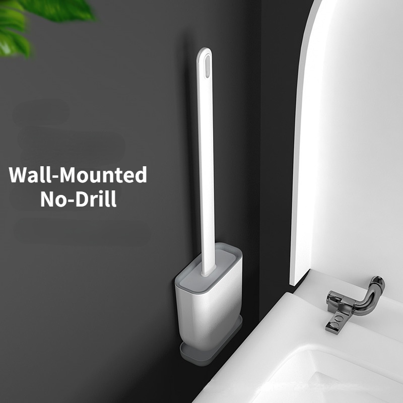 Bộ Bàn Chải Chà Toilet Cán Dài Bằng Cao Su Silicon Mềm Có Đế Gắn Tường / Sàn Nhà