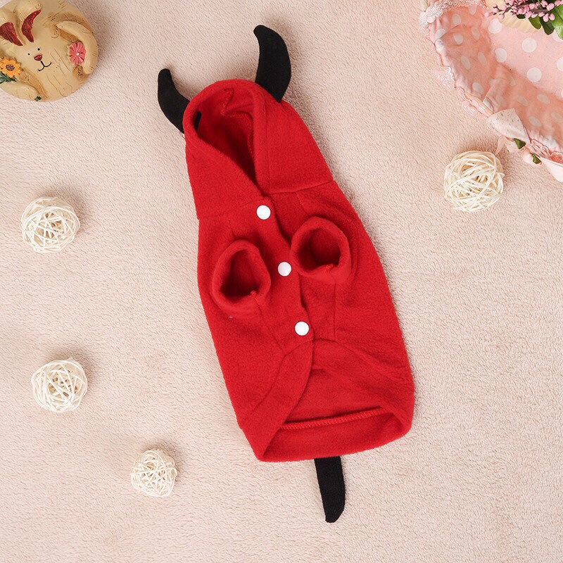 Áo khoác ấm cho thú cưng hình quỷ đỏ - Áo cho chó mèo màu đỏ bấm cúc có mũ sừng dễ thương