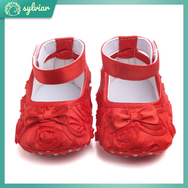 Đôi giày công chúa bằng vải lụa màu trơn đính hoa hồng cho bé 0-18 tháng tuổi