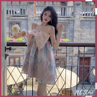 Đầm Dự Tiệc 2 Dây Gấm Nơ Kim Sa Cực Xinh