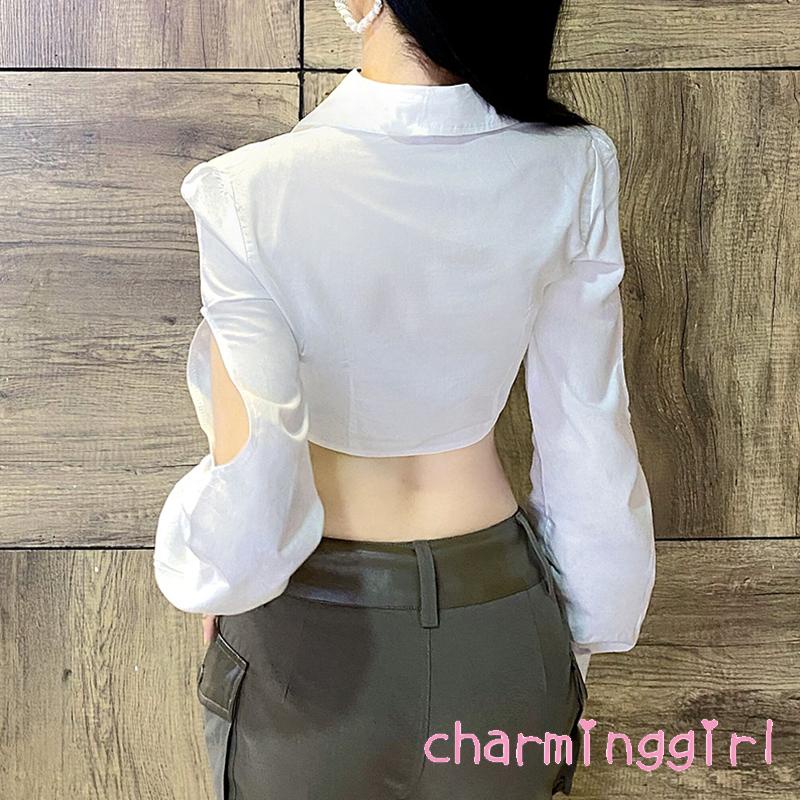Áo Croptop Tay Dài Cổ Bẻ Màu Trơn Dáng Ôm Cài Khuy Thời Trang Mùa Xuân Cho Bạn Gái
