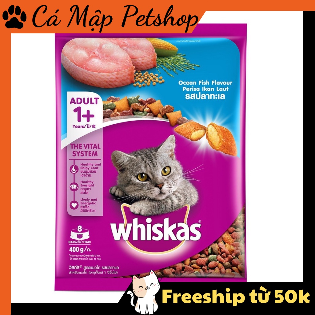 Hạt cho mèo Whiskas vị cá Ngừ, cá Biển, Hạt Whiskas cho mèo lớn túi 400gr