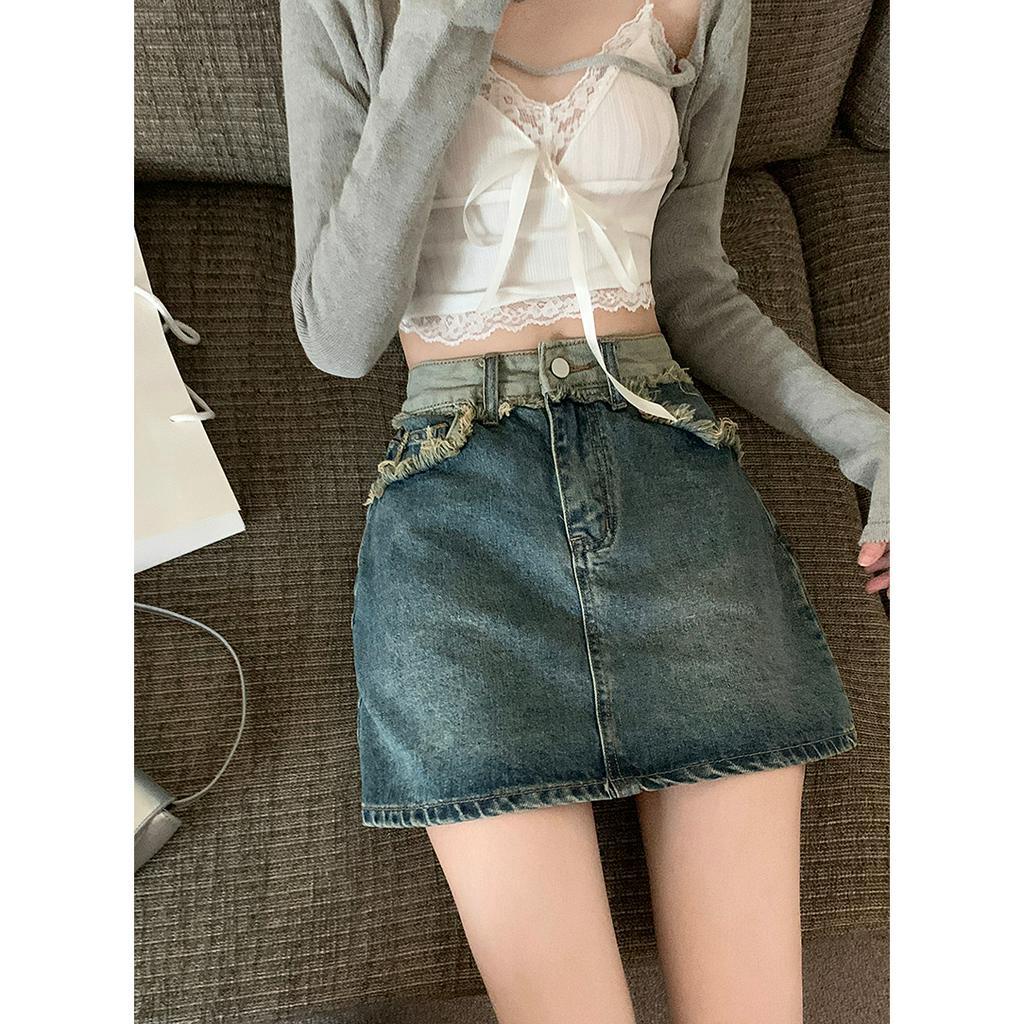 Lalisas Chân váy jean Ngắn Chữ A Lưng Cao Ghép Vải retro Thời Trang Cho Nữ