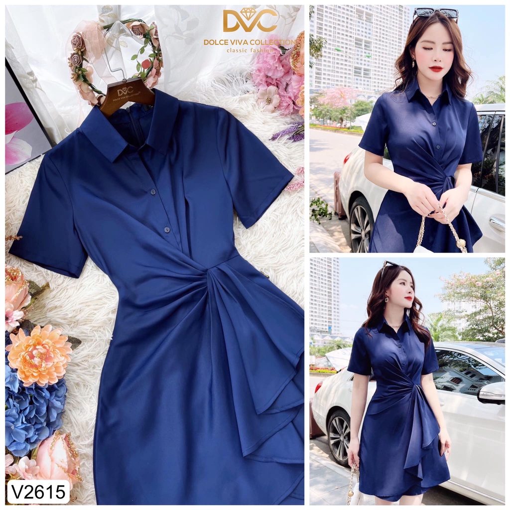 Váy sơ mi pha lụa Hàn xanh than xòe nhún eo thiết kế V2615