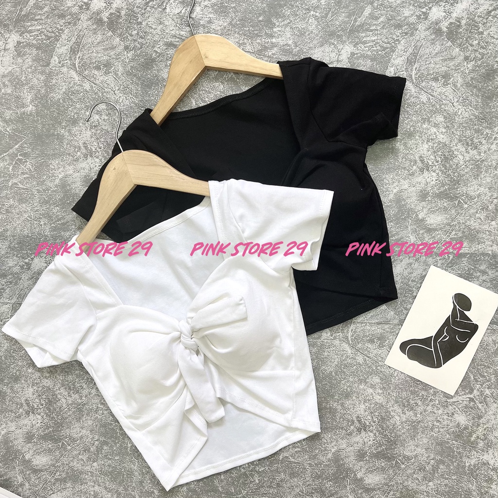 Áo Croptop Body Cổ U Tay Ngắn PINKSTORE29, Thắt Nơ Ngực Xinh Xắn A5016