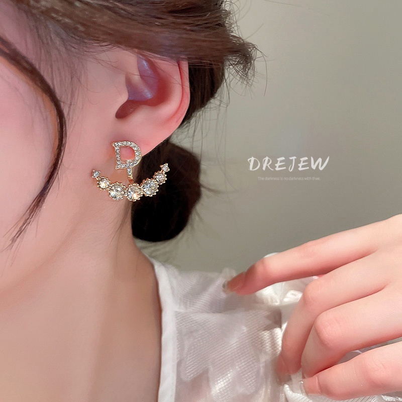 DREJEW Khuyên tai mạ bạc đính kim cương chữ phong cách Hàn Quốc thời trang cao cấp