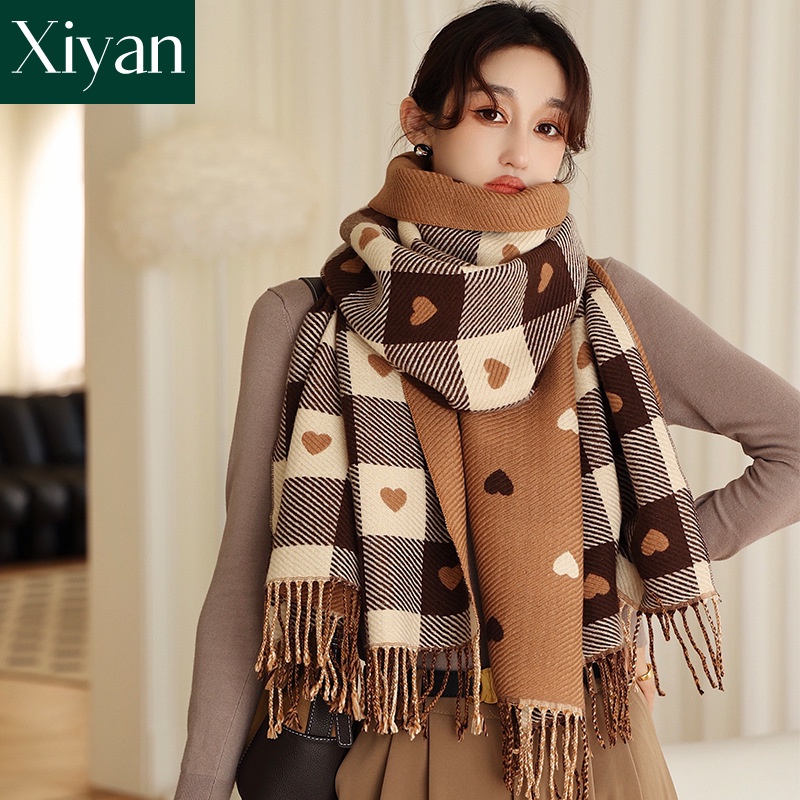 (Xiyanmeiwu) Khăn Choàng Cổ, Khăn Choàng cashmere Giả cashmere Tua Rua Ấm Áp Phong Cách Hàn Quốc 70X