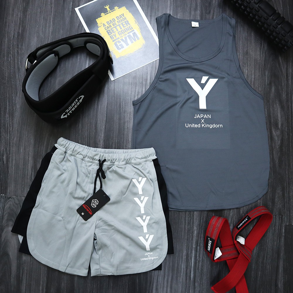 Bộ quần áo tập gym nam YT quần short + Áo tank top nam mặc đi tập chất vải thun lưới thoáng mát